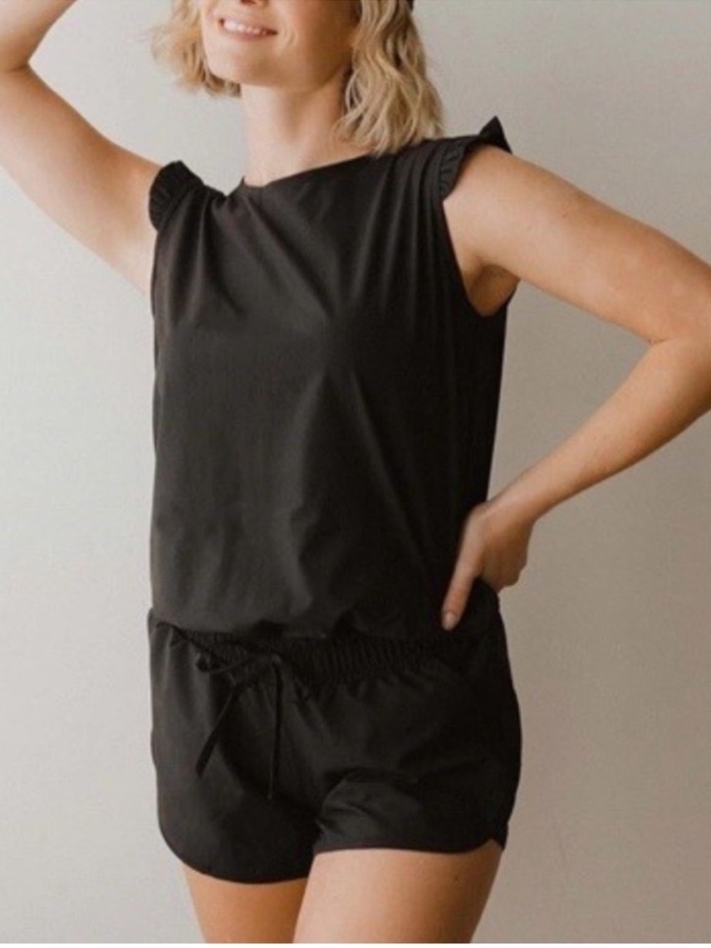 Albion Fit Black Ruffle Sleeve Romper Elastic Waist Size S